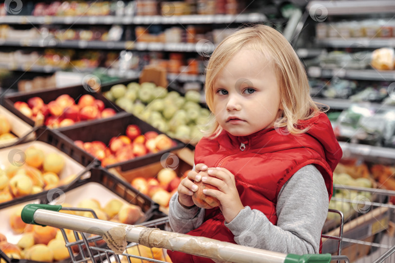 Скачать Маленькая девочка сидит в корзине для покупок в продуктовом магазине или супермаркете фотосток Ozero