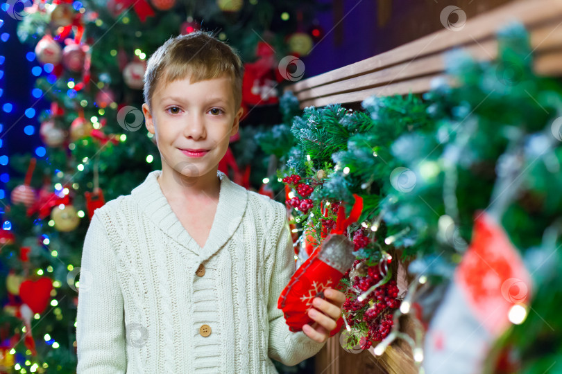 Скачать В ожидании подарка. Приятный маленький мальчик в эйфории и держит руку в рождественском чулке, ожидая сюрприза. фотосток Ozero