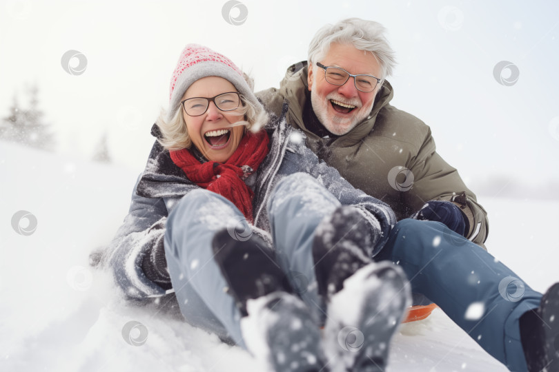 Скачать Пожилая пара пенсионеров наслаждается катанием на санках зимним днем фотосток Ozero