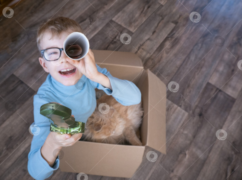 Скачать Игривый жизнерадостный ребенок, мальчик смотрит в картонную трубку, сидит в коробке, играет с кошкой фотосток Ozero