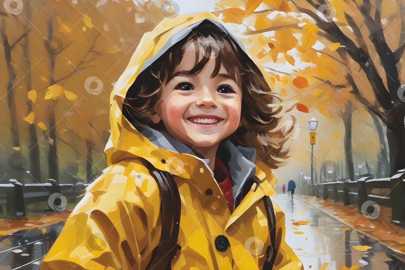 Скачать Портрет ребенка с волнистыми волосами крупным планом в желтом дождевике в осеннем парке во время дождя. фотосток Ozero