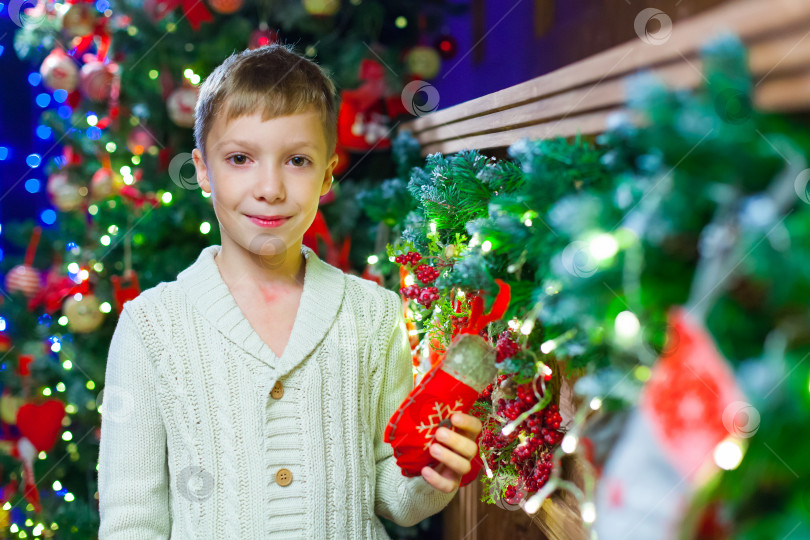 Скачать В ожидании подарка. Приятный маленький мальчик в эйфории и держит руку в рождественском чулке, ожидая сюрприза. фотосток Ozero