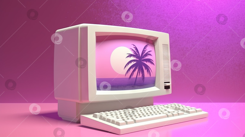 Скачать Сцена в стиле Vaporwave с компьютером и пальмами фиолетового цвета. Сгенерированный искусственный интеллект. фотосток Ozero