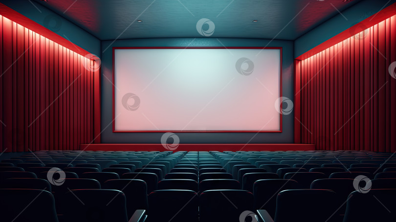 Скачать Интерьер кинотеатра с сиденьями и белым экраном. Зал кинотеатра со стульями. Сгенерированный ИИ. фотосток Ozero