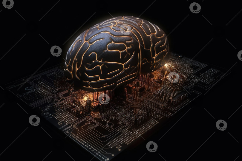 Скачать Научная концепция искусственного интеллекта с технологическим мозгом ИИ на печатной плате. Сгенерированный ИИ. фотосток Ozero