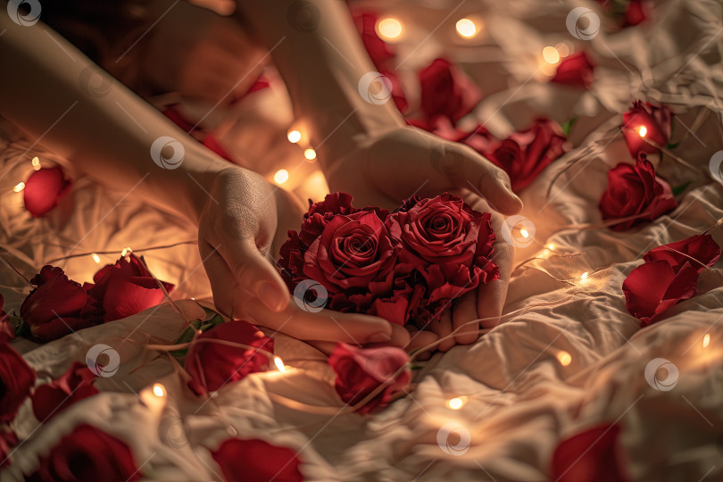 Скачать Романтическая сцена с женскими руками, держащими розы. Сгенерированный ИИ. фотосток Ozero