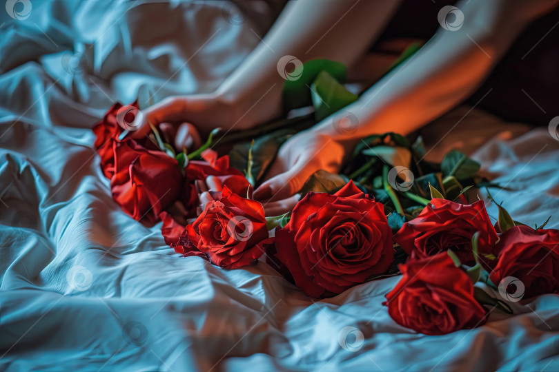 Скачать Романтическая сцена с женскими руками, держащими розы. Сгенерированный ИИ. фотосток Ozero