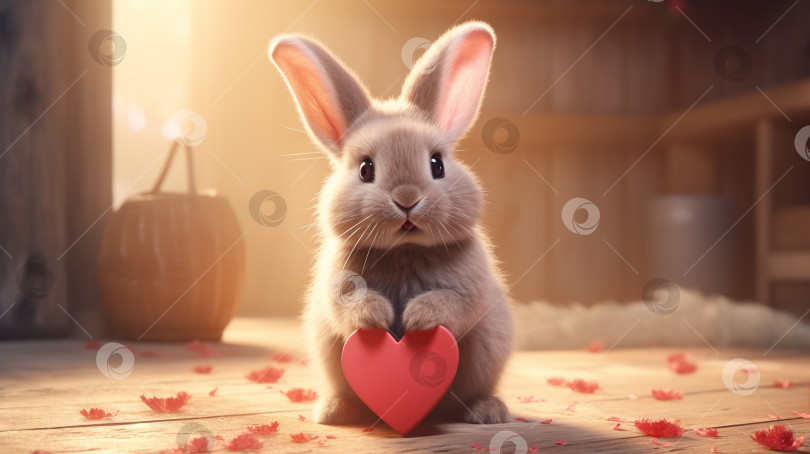 Скачать Милый пушистый кролик, обнимающий красное сердечко. Поздравление с Днем Святого Валентина от романтичного кролика, держащего сердечко. Генеративный искусственный интеллект. фотосток Ozero