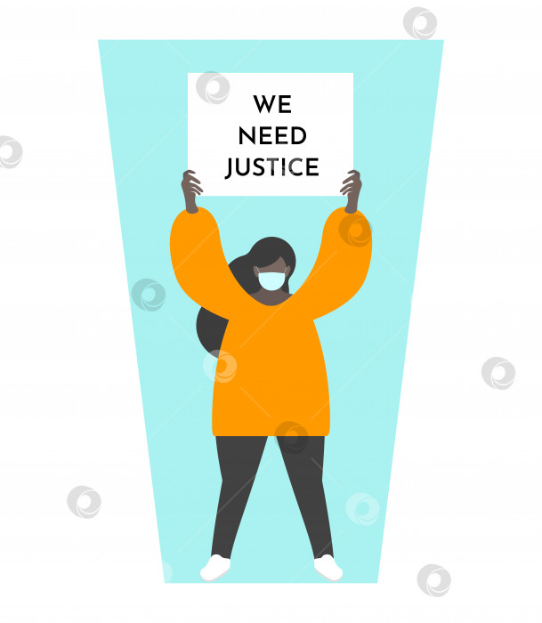 Скачать Концепция векторной иллюстрации с темнокожей девушкой, держащей листовку "Нам нужна справедливость" на мирной демонстрации. Борьба за права человечества, когда люди подвергаются массовому лишению свободы и жестокости полиции фотосток Ozero