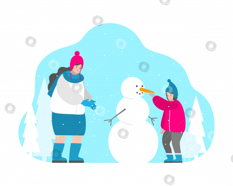 Скачать Векторная изолированная плоская иллюстрация для рождественской открытки. Улыбающаяся мама стряхивает снег с варежек, милая девочка втыкает морковку в голову снеговика, Зимние каникулы, семейные мероприятия и игры на свежем воздухе фотосток Ozero