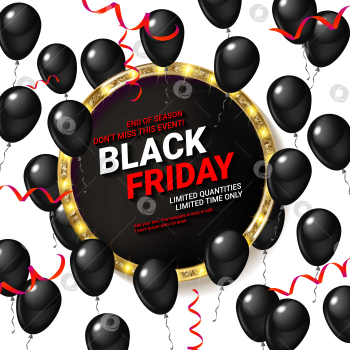 Скачать Плакат распродажи в черную пятницу с блестящими воздушными шарами фотосток Ozero