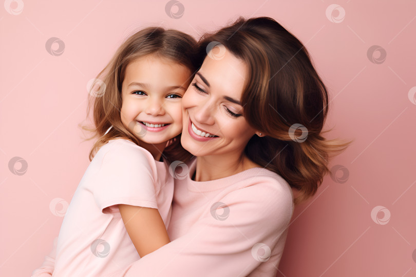 Скачать Счастливая мать, обнимающая свою дочь, крупным планом, розовый фон фотосток Ozero