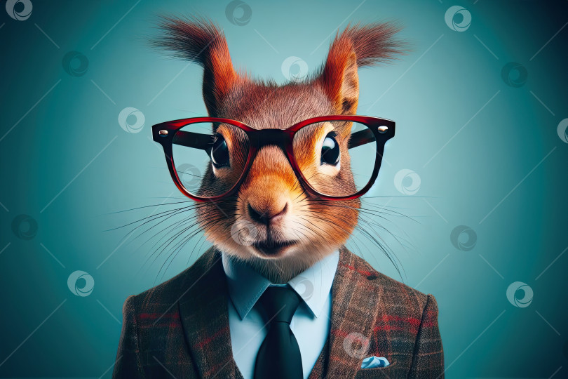 Скачать Антропоморфный персонаж-белка в деловом костюме и очках. на цветном фоне фотосток Ozero