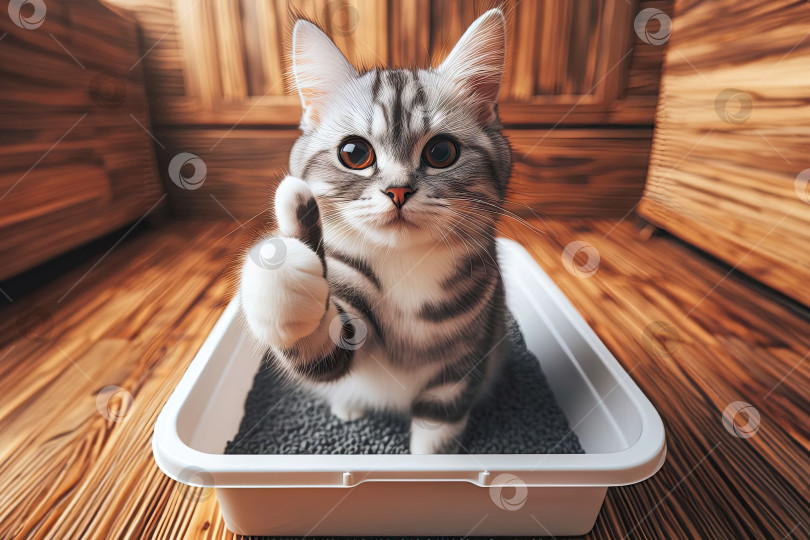 Скачать счастливая милая кошка, сидящая в ящике для мусора и смотрящая вбок, показывает поднятые большие пальцы лап, концепция ухода за животными фотосток Ozero