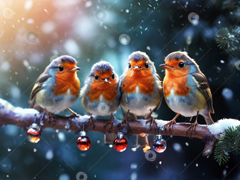 Скачать Четыре снегиря сидят на ветке с рождественскими елочными украшениями фотосток Ozero