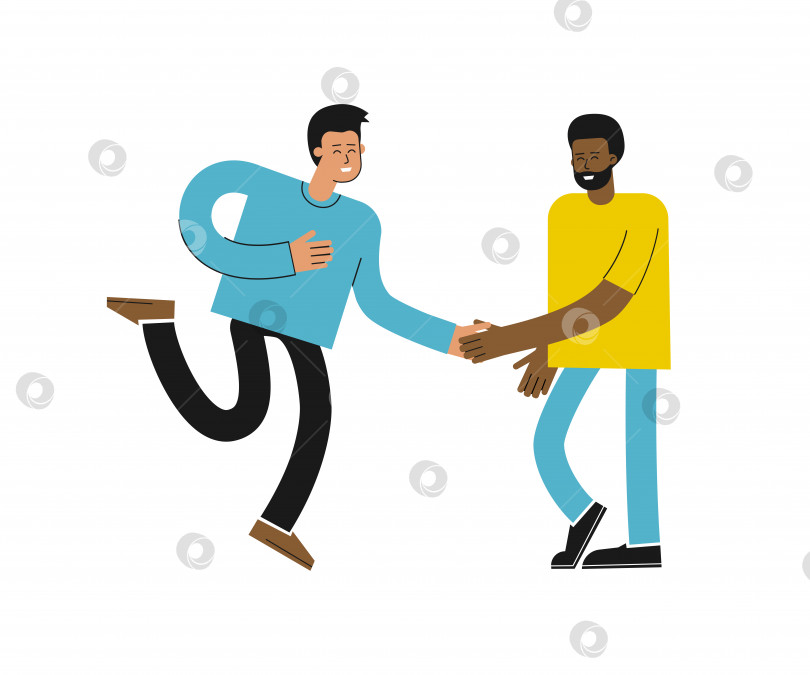 Скачать Векторная концепция изолированной квартиры с мультяшными афроамериканцами и азиатскими мужчинами. Милые счастливые друзья встретились, разговаривают, улыбаются и пожимают друг другу руки. Парень поздравляет брата с успешным совместным сотрудничеством фотосток Ozero