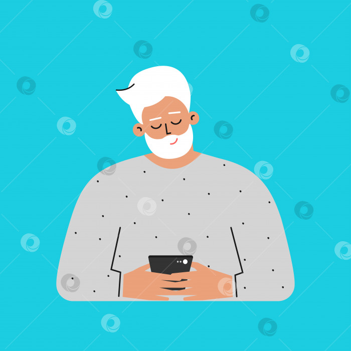 Скачать Векторная изолированная плоская концепция. Мультяшный кавказский пожилой мужчина пишет сообщение на телефон. Красивый пожилой мужчина изучает современные технологии и ищет партнершу для романтических отношений с помощью приложения для онлайн-знакомств фотосток Ozero