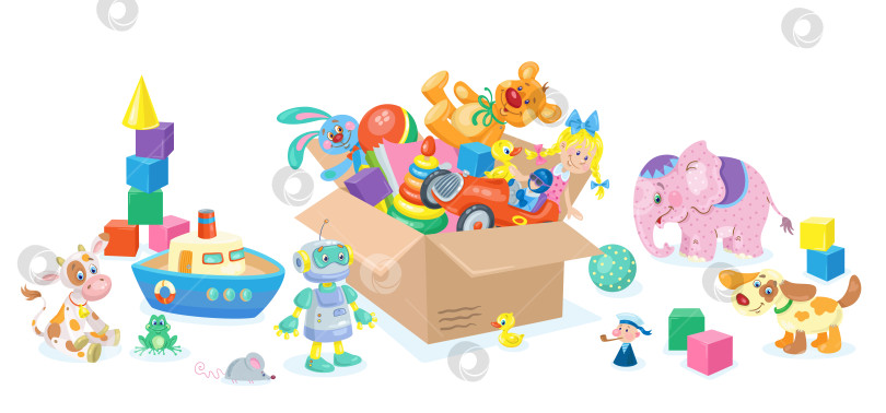 Скачать Большая коробка с детскими игрушками и множество разноцветных игрушек вокруг. фотосток Ozero