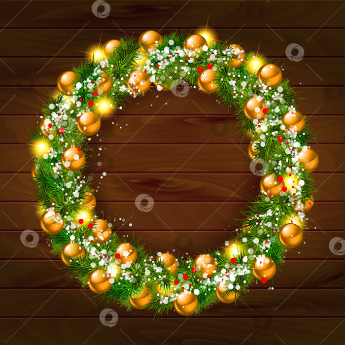 Скачать Зеленый рождественский венок, украшенный золотыми шарами фотосток Ozero