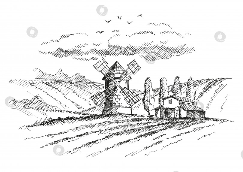 Скачать Иллюстрация мельницы и фермы в поле. фотосток Ozero