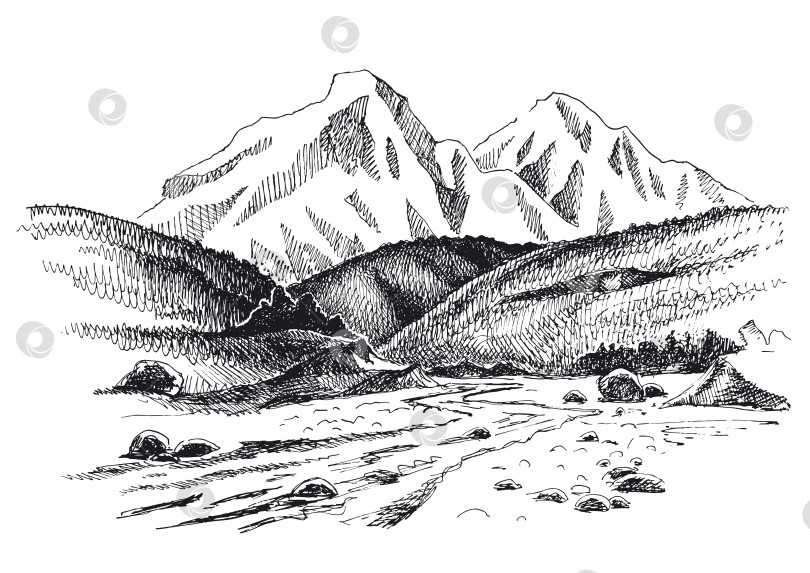 Скачать Иллюстрация горной реки на фоне гор. фотосток Ozero