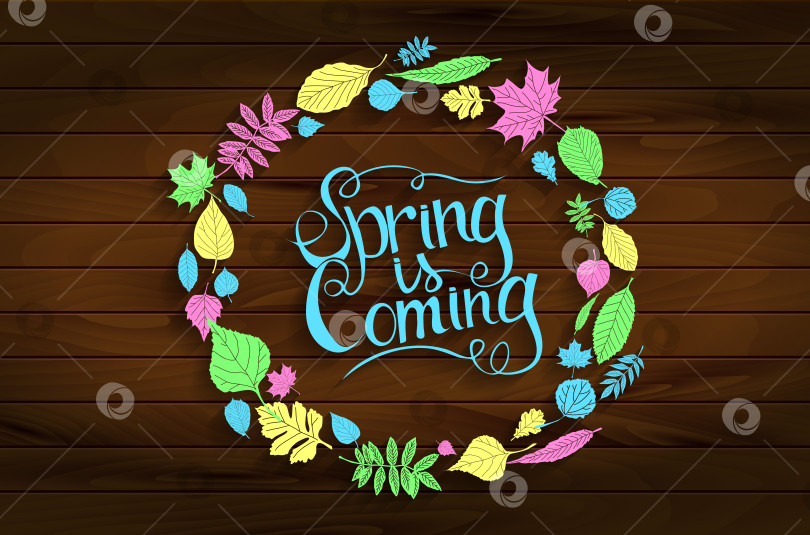 Скачать Надпись "Весна приближается" на деревянном фоне фотосток Ozero