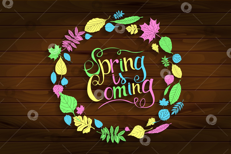 Скачать Надпись "Весна приближается" на деревянном фоне фотосток Ozero