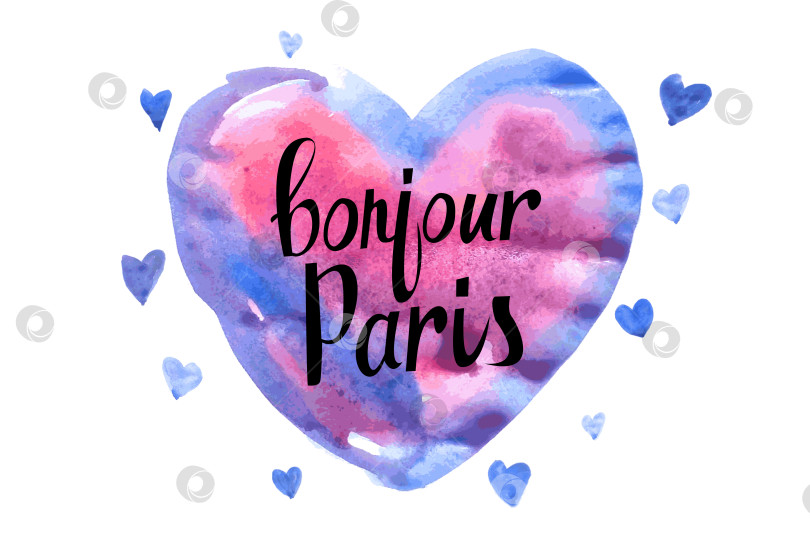 Скачать Открытка "Бонжур Парижу" с акварельными сердечками фотосток Ozero