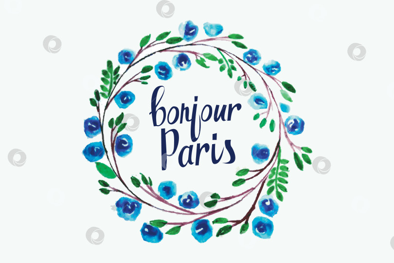 Скачать надпись "Привет, Париж" в рамке с акварельными цветами фотосток Ozero