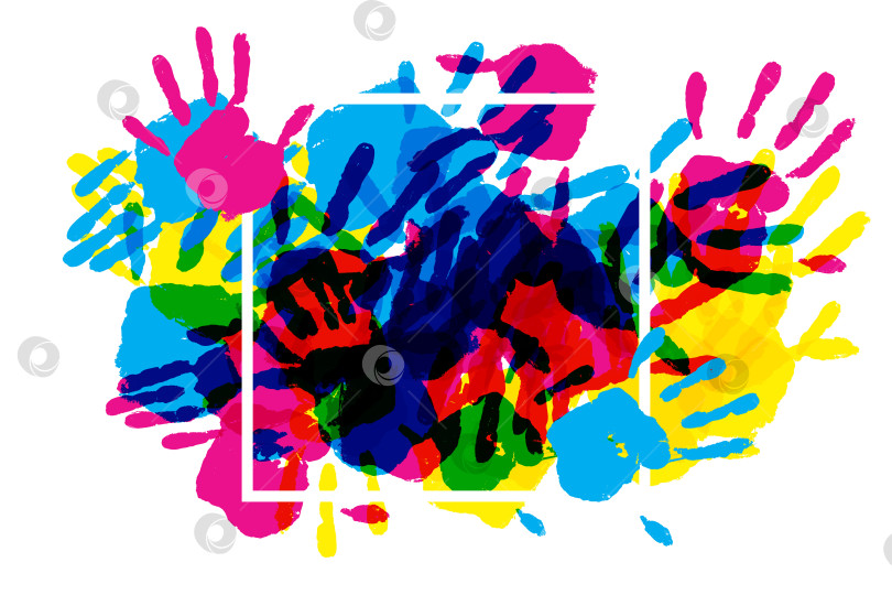 Скачать Большая квадратная рамка, сделанная из цветных отпечатков ладоней. фотосток Ozero