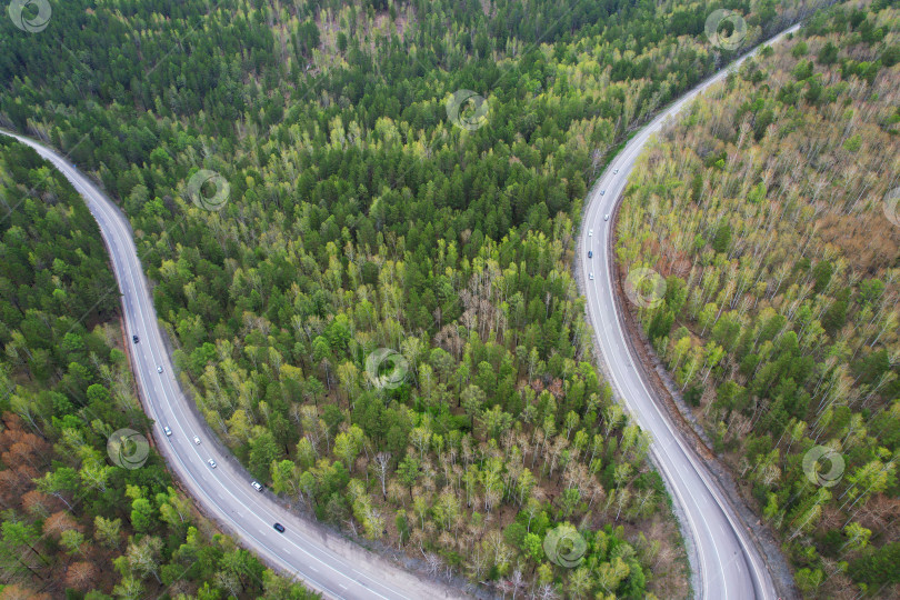 Скачать Машины едут по асфальтированной дороге через лес. Вид с высоты птичьего полета на серпантинное шоссе фотосток Ozero