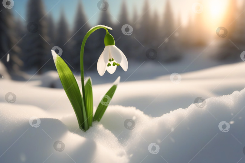Скачать Цветы подснежника на снегу. Первоцветы в лесу в солнечный день. Открытка к мартовским праздникам. фотосток Ozero