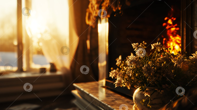 Скачать Ваза с букетом цветов в комнате во время заката, сгенерированная искусственным интеллектом фотосток Ozero