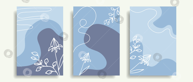 Скачать Набор минималистичных фонов с нарисованными от руки цветами. Синие фоны. фотосток Ozero