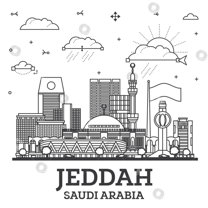 Скачать Очертите горизонт города Джидда, Саудовская Аравия, с современными и историческими зданиями, выделенными белым цветом. Городской пейзаж Джидды с достопримечательностями. фотосток Ozero