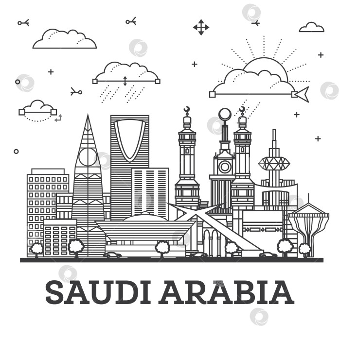 Скачать Обрисуйте городской пейзаж Саудовской Аравии с историческими и современными зданиями, выделенными белым цветом. Городской пейзаж Саудовской Аравии с достопримечательностями. фотосток Ozero