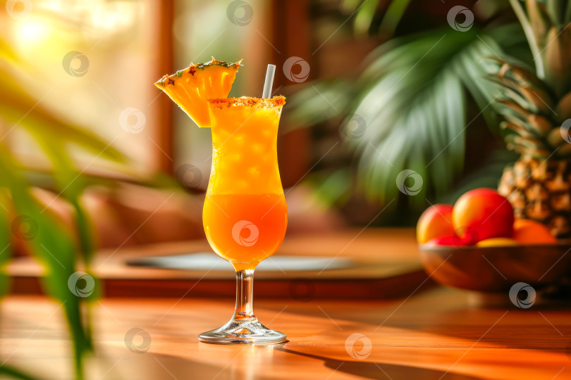 Скачать Бокал с тропическим безалкогольным коктейлем с ананасовым соком. Искусственный интеллект сгенерирован. фотосток Ozero