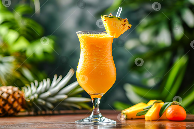 Скачать Бокал с тропическим безалкогольным коктейлем с ананасовым соком. Искусственный интеллект сгенерирован. фотосток Ozero