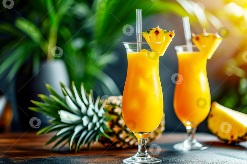 Скачать Два бокала тропического безалкогольного коктейля с ананасовым соком. Искусственный интеллект сгенерирован. фотосток Ozero