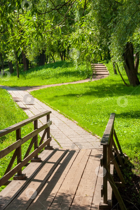 Скачать Весенний пейзаж городского парка. Зеленая лужайка, деревья и дорожки. фотосток Ozero