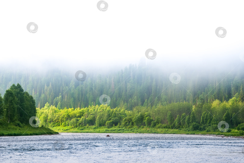 Скачать Пейзажи Сибири. Раннее утро на реке Кия. Туман опускается на реку над тайгой. Кемеровская область. фотосток Ozero