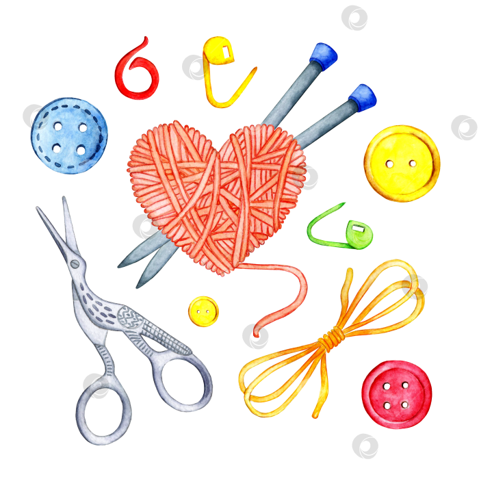 Скачать Набор инструментов для вязания и моток в форме сердца фотосток Ozero