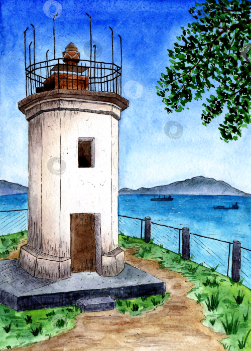 Скачать Акварельная иллюстрация маяка и моря фотосток Ozero