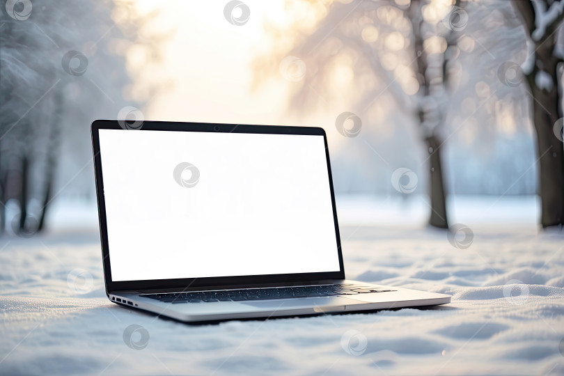 Скачать Макет ноутбука с белым экраном зимой, на улице в снегу, укрывшись уютным одеялом во время снегопада. Сезонная удаленная работа, Интернет, шоппинг, Рождество и Новый год. Искусственный интеллект сгенерирован фотосток Ozero