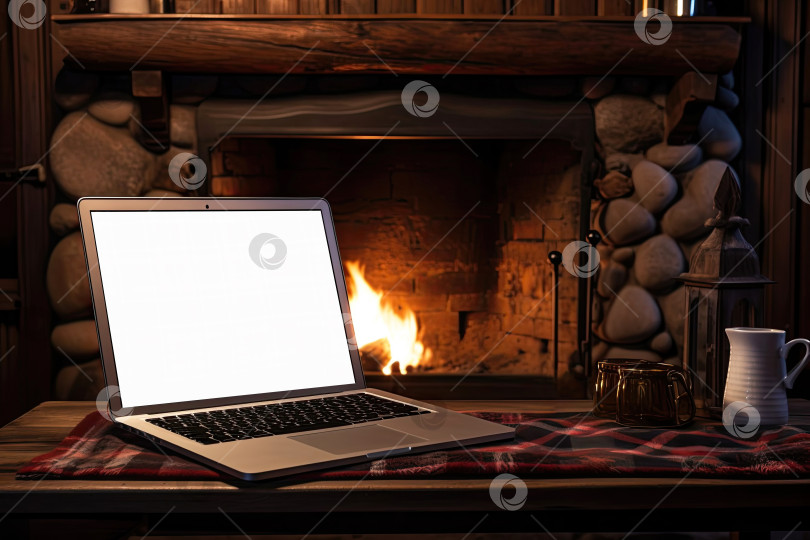 Скачать Ноутбук с макетом белого экрана, в помещении возле горящего камина в деревенском стиле, с уютным пледом и чашкой кофе. Сезонная удаленная работа, интернет, шопинг. Искусственный интеллект сгенерирован фотосток Ozero