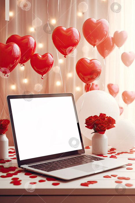 Скачать Ноутбук с макетом белого экрана на столе с декором ко дню Святого Валентина с воздушными шарами в форме сердечек, лепестками и букетом цветов. Онлайн-поздравления, праздничная удаленная работа, шоппинг. Созданный искусственным интеллектом фотосток Ozero