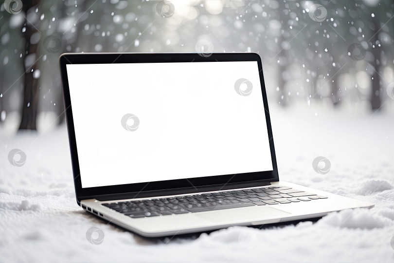 Скачать Макет ноутбука с белым экраном зимой, на улице в снегу, под уютным одеялом во время снегопада. Сезонная удаленная работа, Интернет, шоппинг, Рождество и Новый год. Искусственный интеллект сгенерирован фотосток Ozero