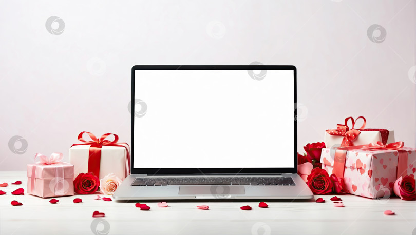 Скачать Ноутбук с макетом белого экрана на столе с декором ко дню Святого Валентина с воздушными шарами в форме сердечек, лепестками и букетом цветов. Онлайн-поздравления, праздничная удаленная работа, шоппинг. Созданный искусственным интеллектом фотосток Ozero