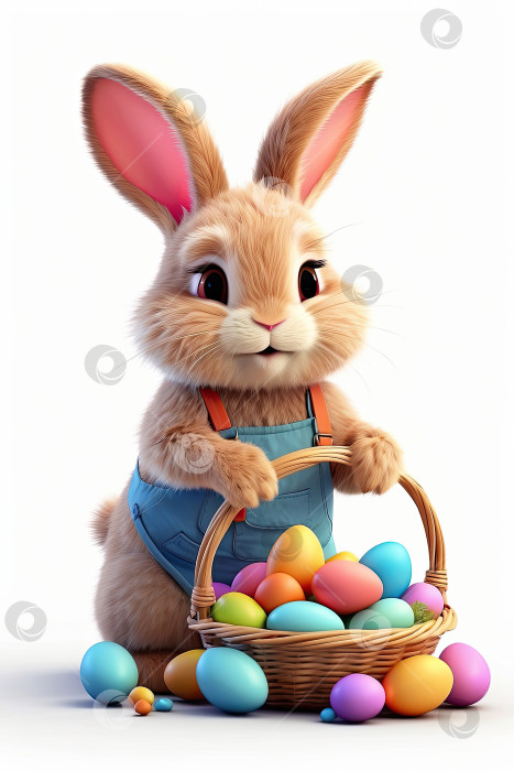 Скачать Мультяшный милый пасхальный кролик на белом фоне с корзиной яиц и весенними цветами - это иллюстрация детского персонажа, традиционная праздничная открытка. Сгенерированная искусственным интеллектом фотосток Ozero