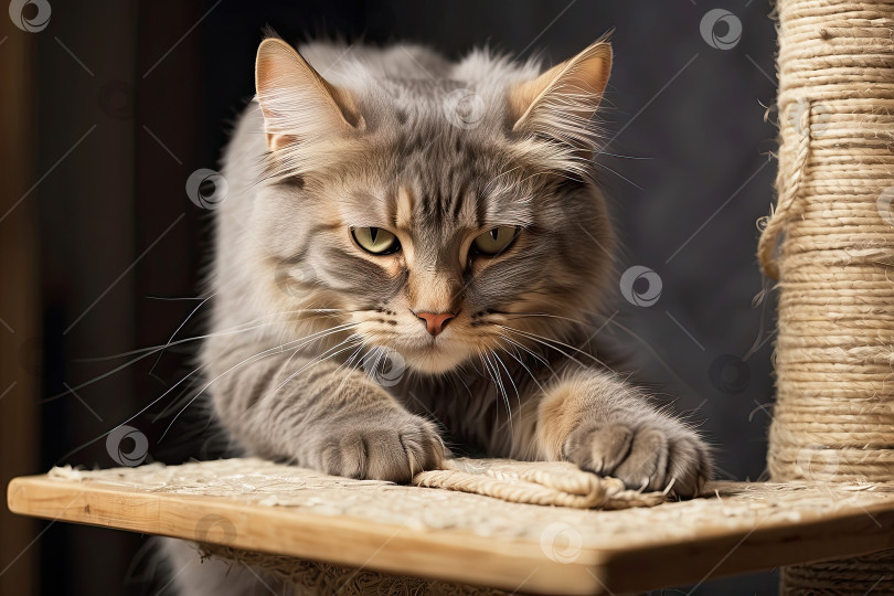 Скачать Домашняя кошка точит когти о когтеточку в интерьере дома. Защита от повреждения мебели домашним животным, воспитание и потребности. Искусственный интеллект сгенерирован фотосток Ozero